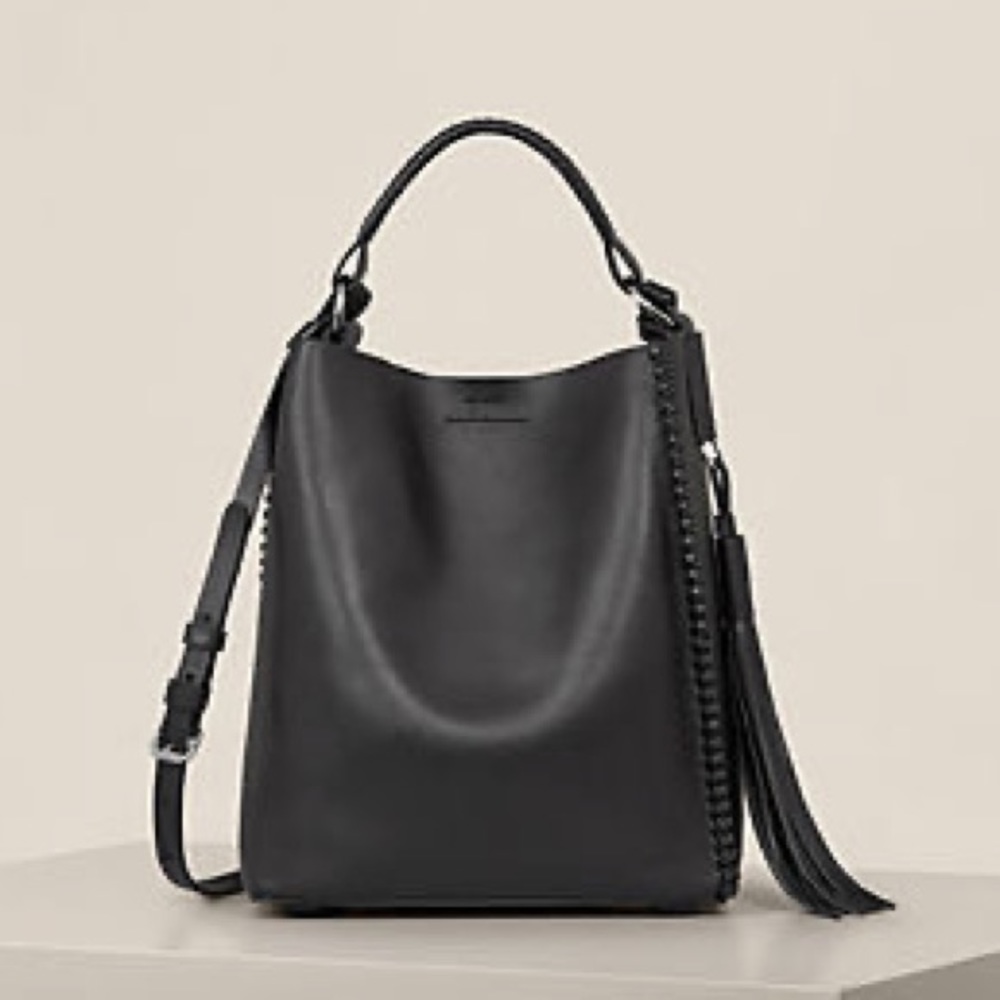 Allsaints dark grey leather pearl hobo bag.